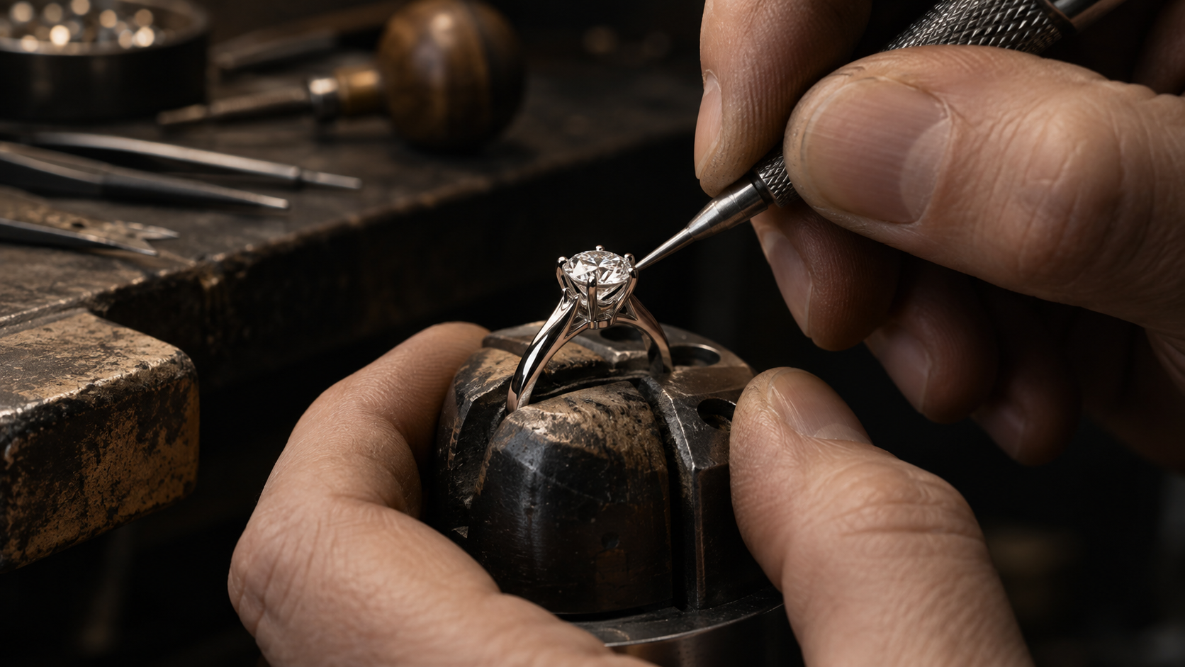Illustrative jewellery craftsmanship: setting a diamond by hand