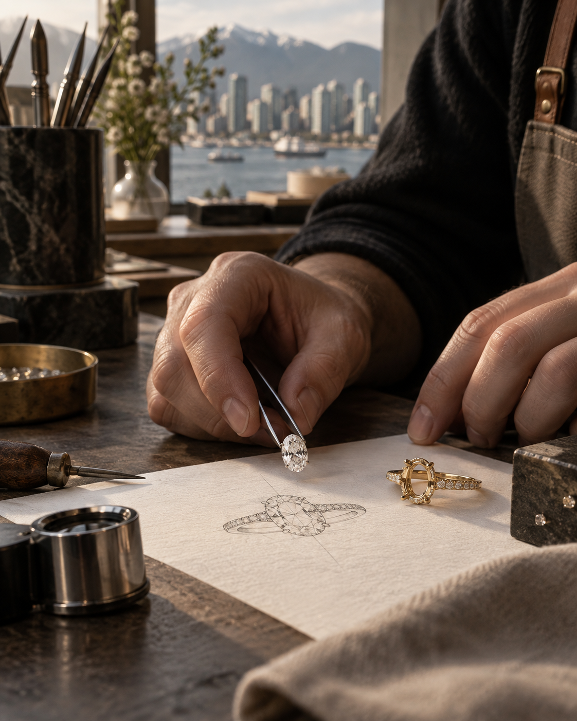 A jeweller shaping a bespoke engagement ring at the Vancouver Studio
