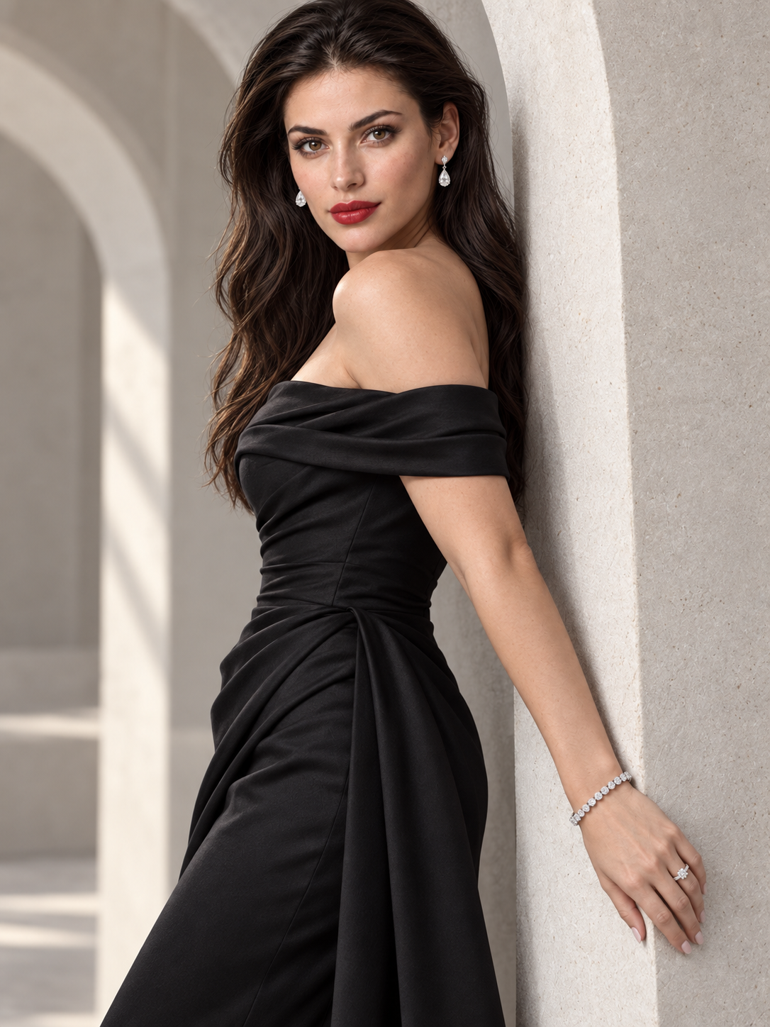 Elysian model in a black evening gown and red lipstick, leaning against a stone arch and showcasing a diamond tennis bracelet