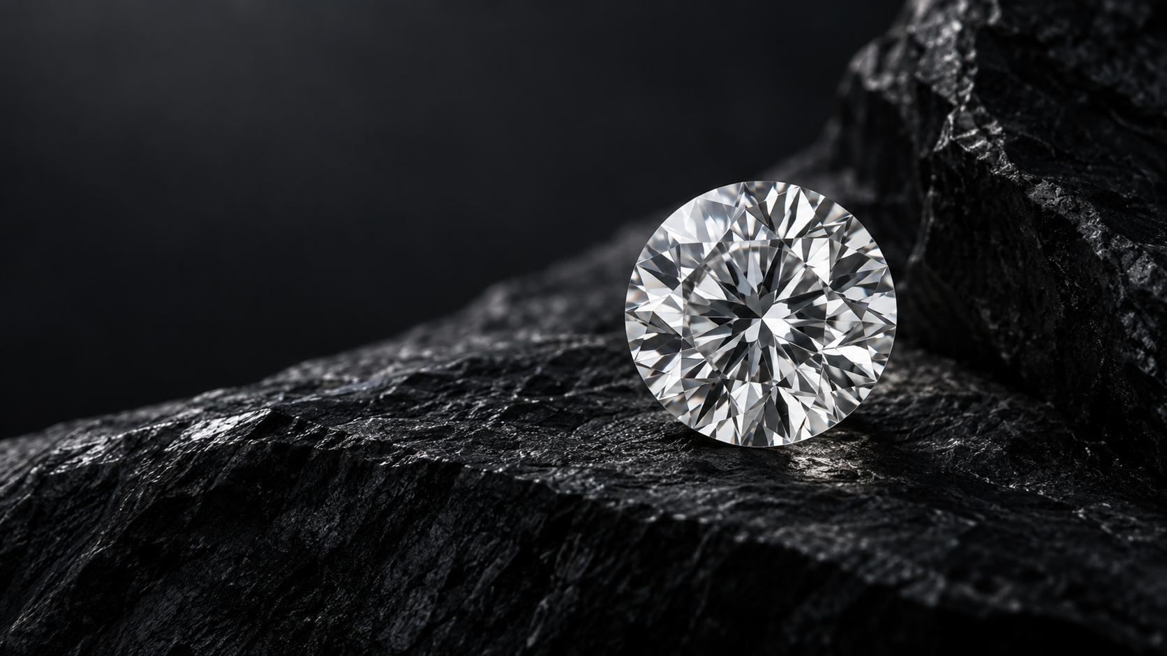 Brilliant-cut diamond on sculptural black stone