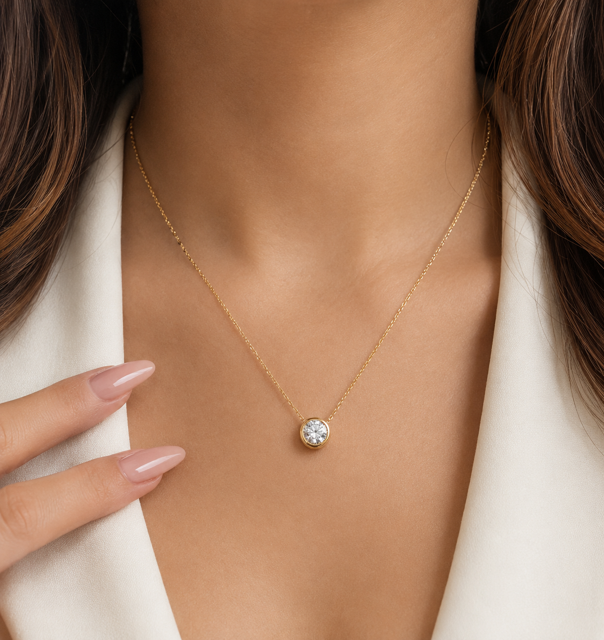 Diamond pendant styled with an ivory blouse